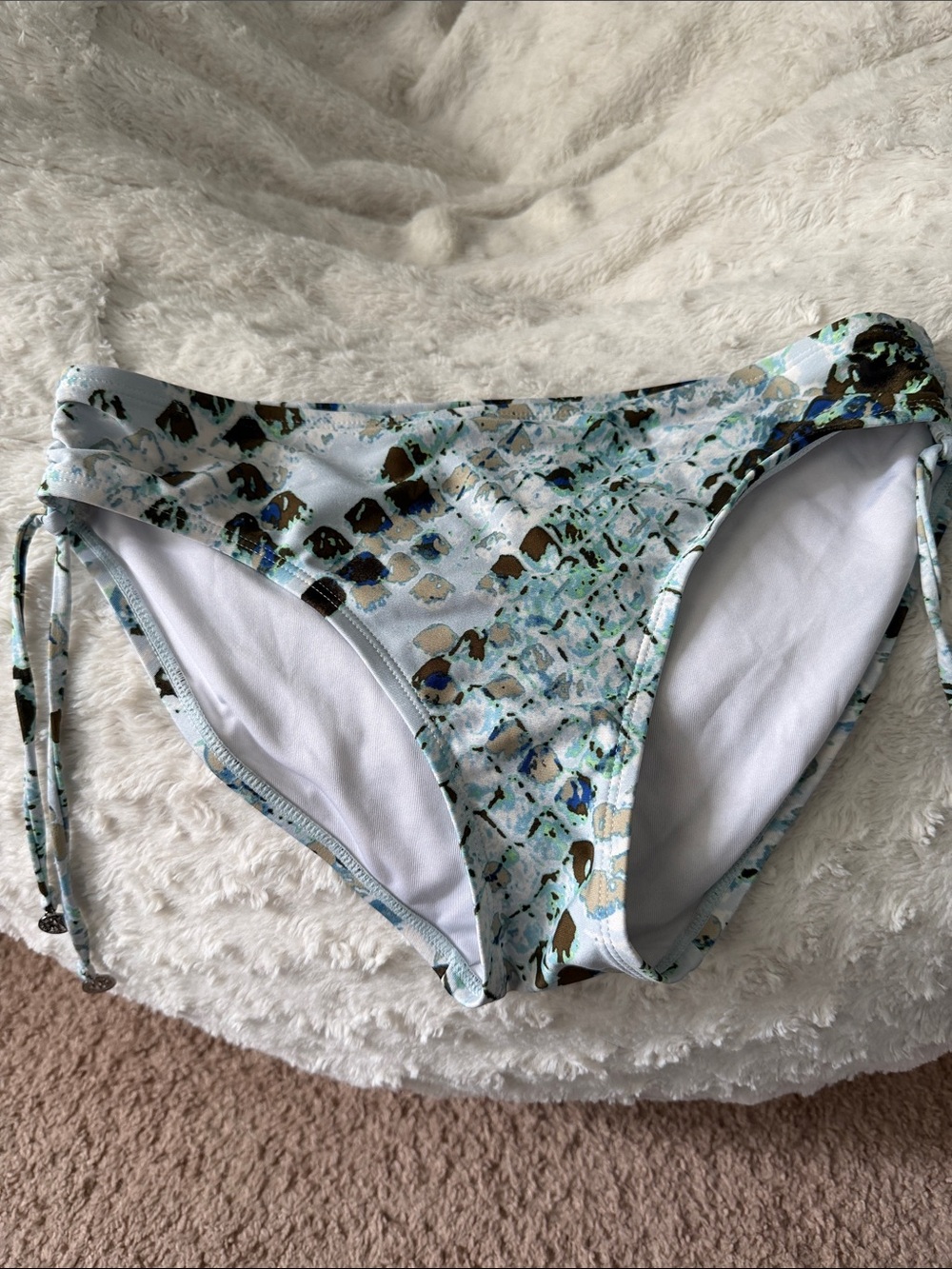DKNY Light Blue, White & Brown Patterned Bikini Bottoms